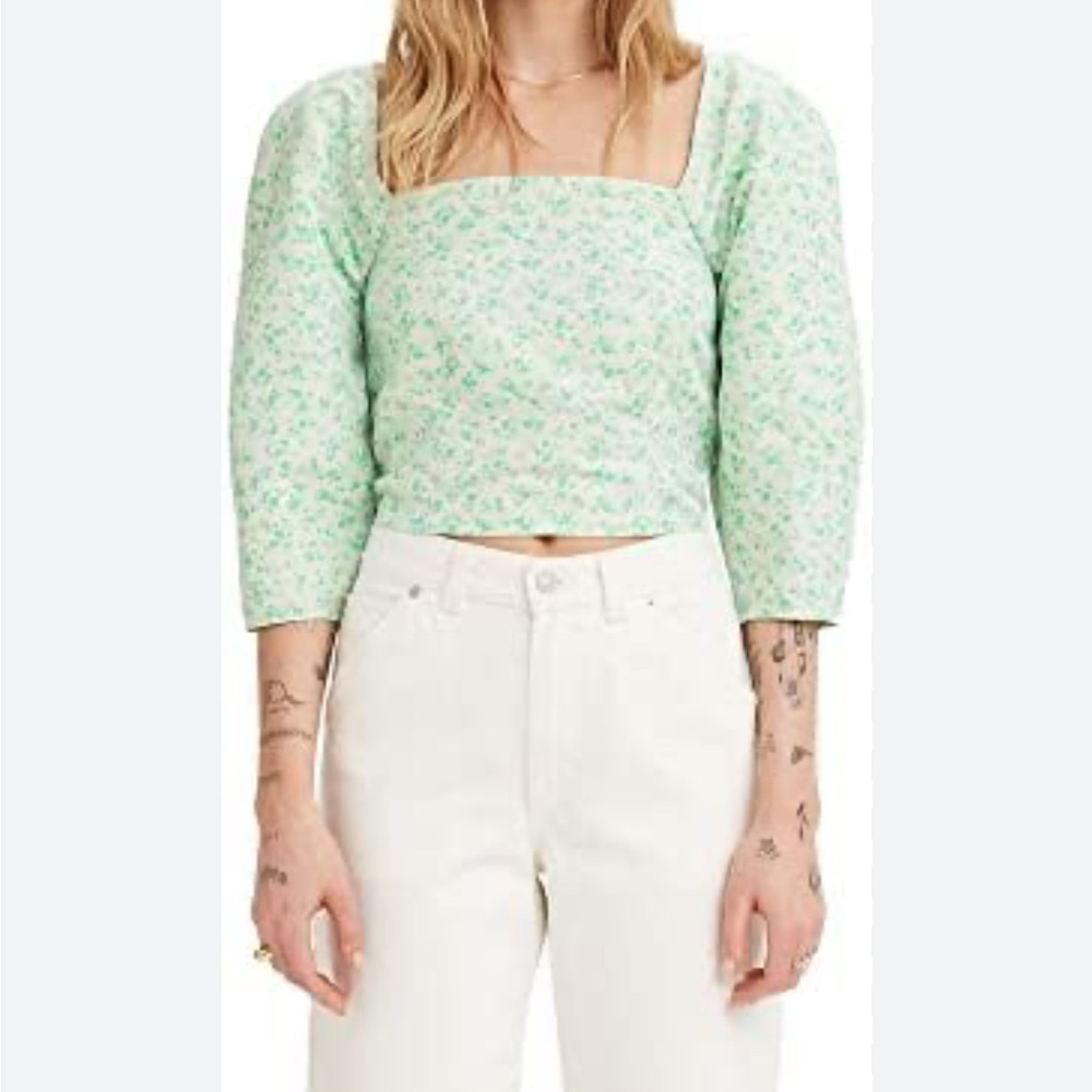 LEVI’S green and white the statement blouse crop shirt | medium